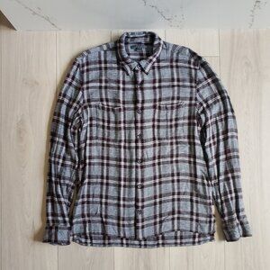 John Varvatos Plaid Shirt Mens M Gray Burgundy Long Sleeve Soft Plaid Flannel